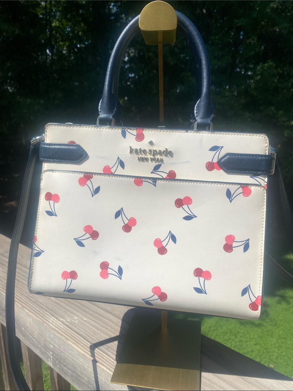kate spade White Cherry Print Top-Handle Satchel with Navy Trim